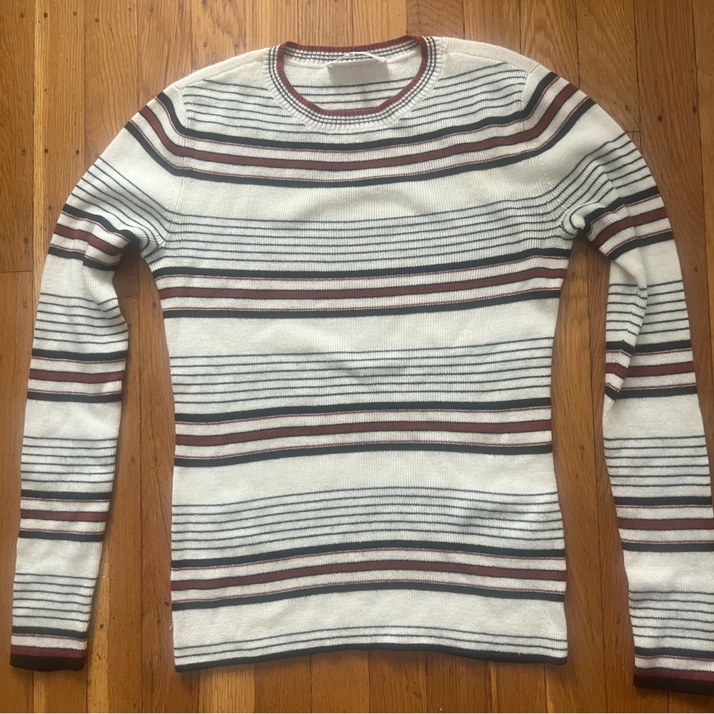 Striped Frame Denim Crewneck Sweater
